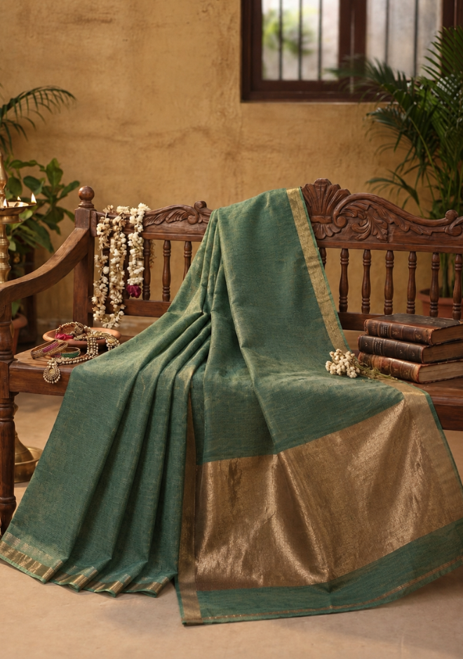 Sage Green Jayashree Tissue Resham Linen Saree