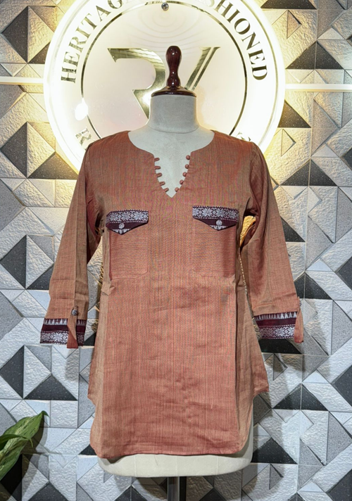 Bengali Dhonekhali Handloom Cotton Short Kurti | Peach
