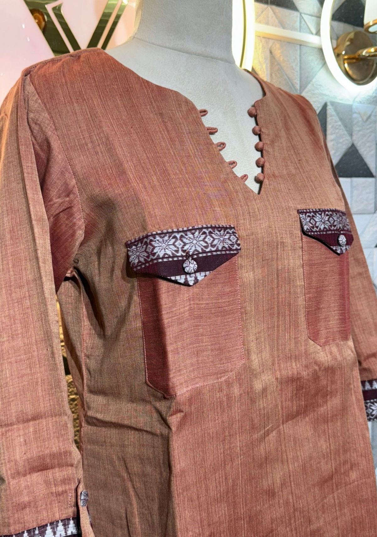 Bengali Dhonekhali Handloom Cotton Short Kurti | Peach