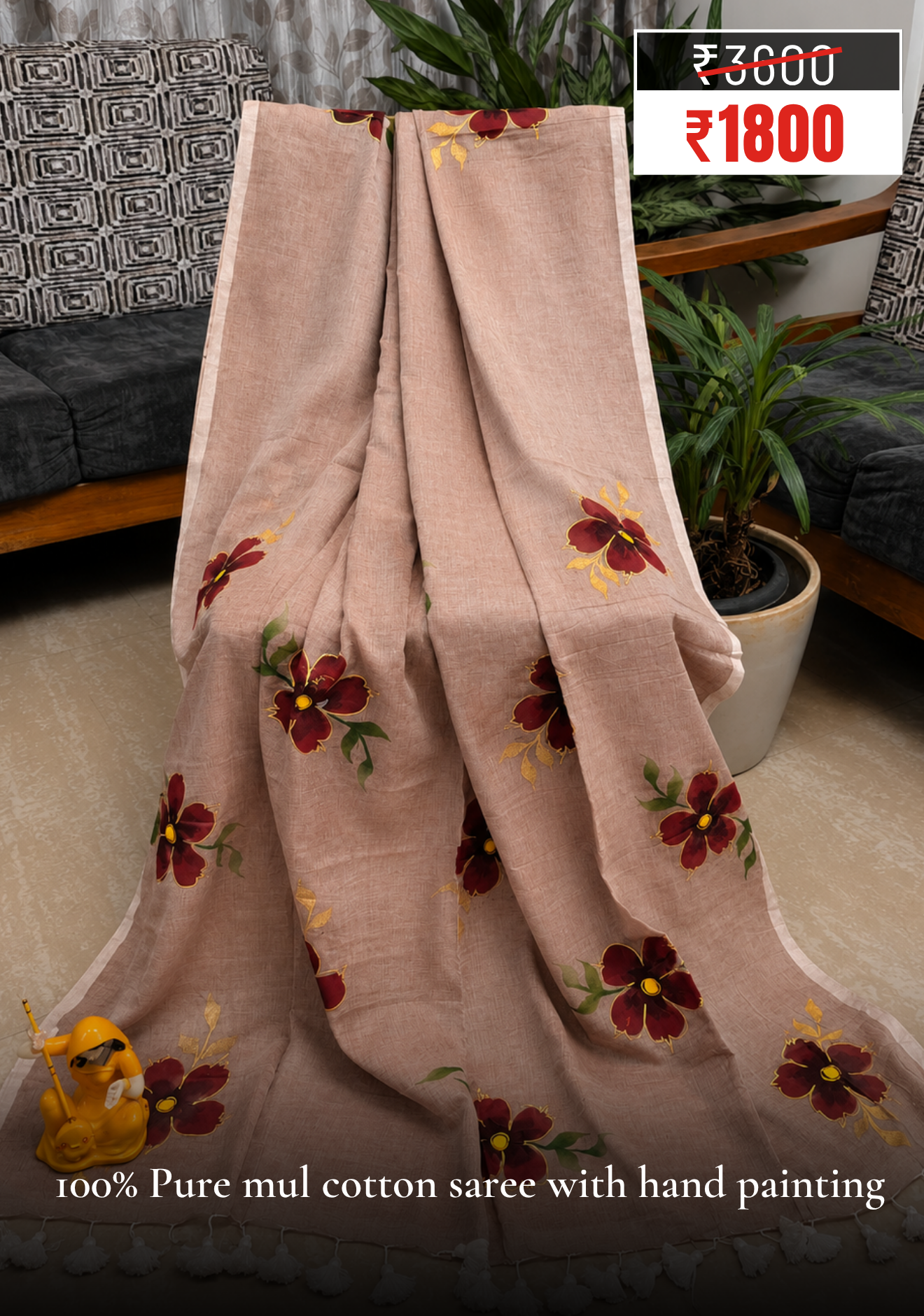 Pure Mul Cotton Hand-Painted Saree Cream