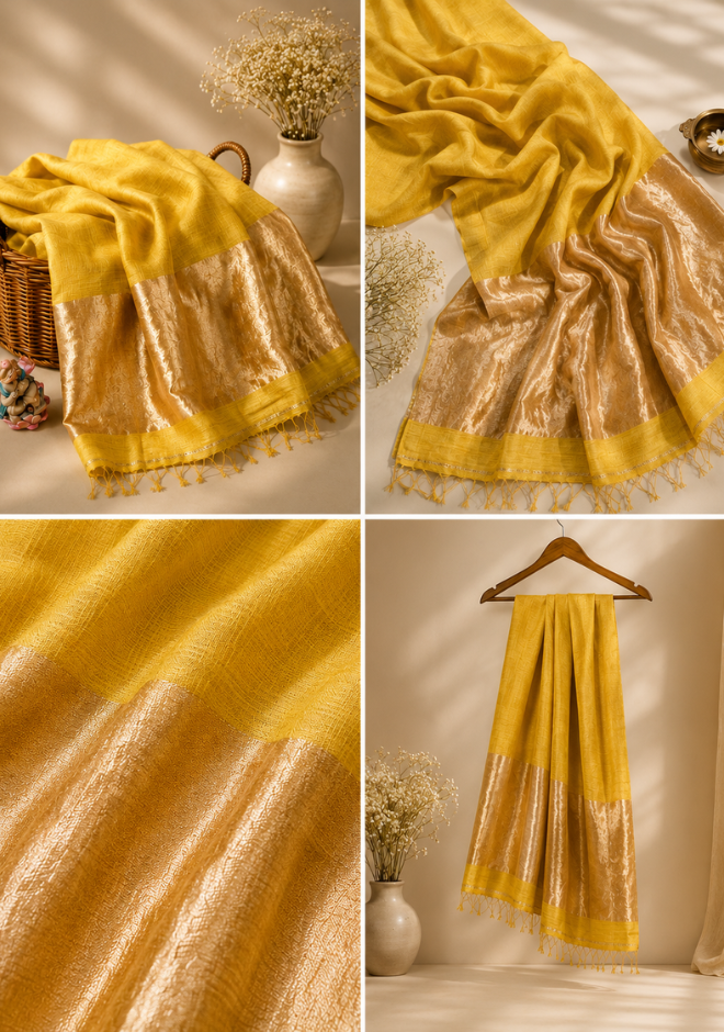 Musturd Yellow Jayashree Tissue Resham Linen Saree